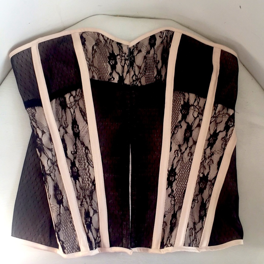 Boned black lace blush corset hook eye zip back